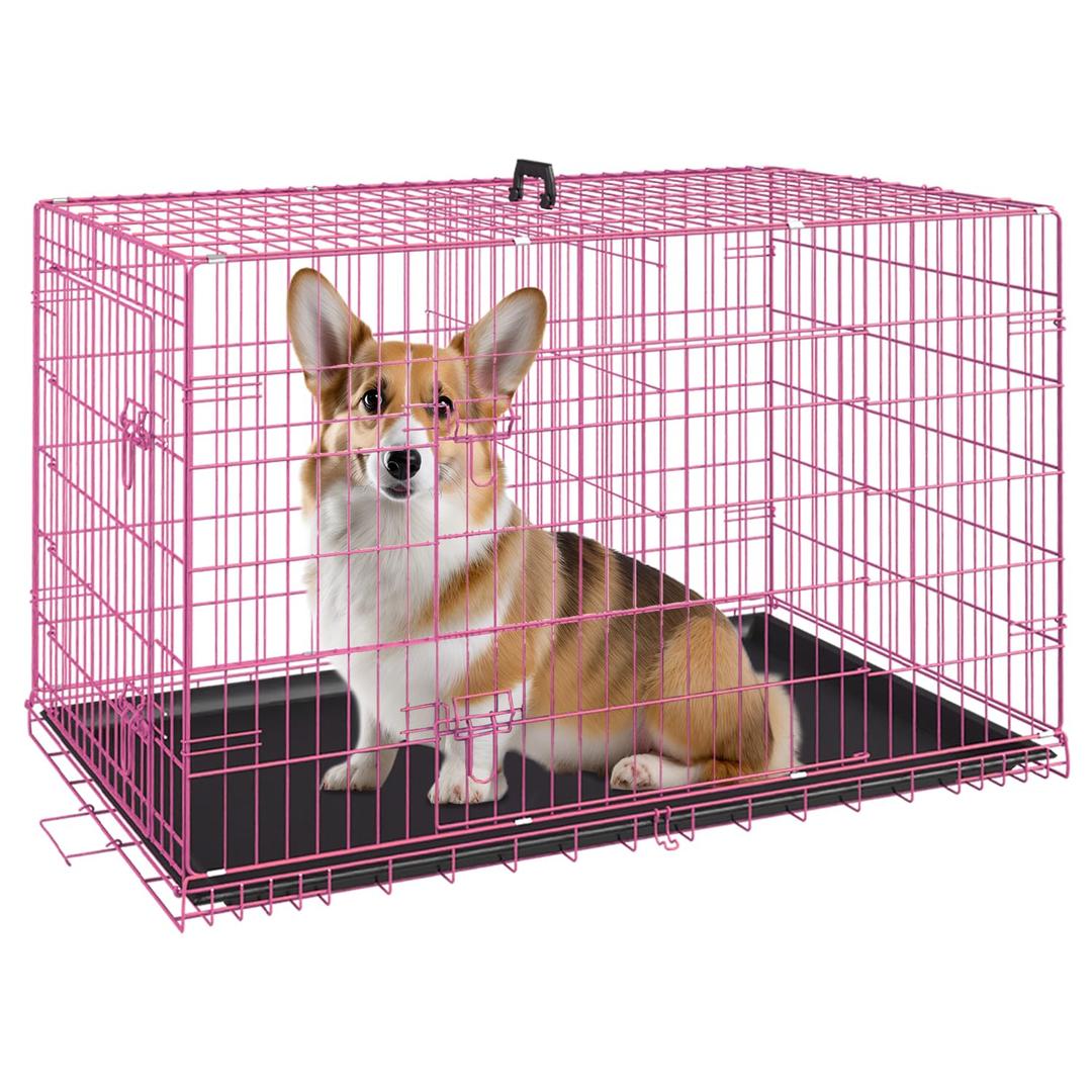 FDW | 30" Foldable Metal Dog Crate | Pink | Cage for Medium Dogs | Heavy Duty, Portable Wire Kennel with Double Door, Divider & Leak-Proof Tray | For Training, Home, Travel Indoor/Outdoor Use