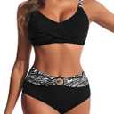 Hanna Nikole Womens High Waisted Bikini Sets, Textured Tummy Control Swimsuit, 2 Piece Twist Color Block Bathing Suits (Large, Black Zebra)