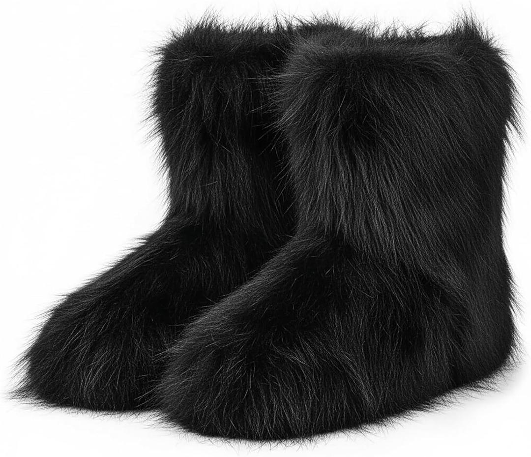 Faux Fur Boots for Women Furry Fuzzy Fluffy Boots Round Toe Mid-Calf Winter Snow Boots Comfortable Outdoor Flat Shoes (8, Black)