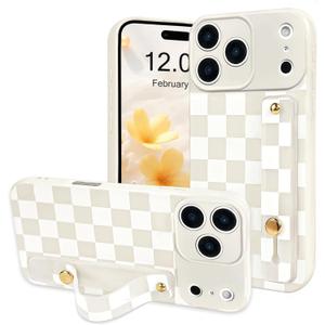 NITITOP Compatible for iPhone 17 Pro Case with Wrist Strap Kickstand Cute Trendy Checkerboard Plaid for Women Girls Slim Fit TPU Shockproof Full Camera Protective Cover - White