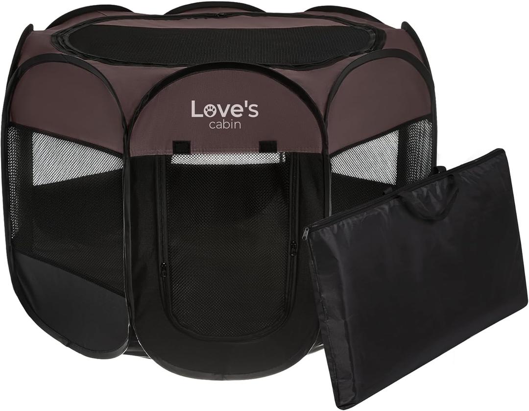 Love's Cabin Pet Puppy Playpen, Small Dog Tent Crate, Portable Foldable Dog Kennel with Carrying Case, Removable Zipper Top, Brown