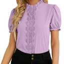 Rooscier Women's Lace Ruffle Puff Short Sleeve Frill Mock Neck Elegant Office Blouse (Large, Light Purple)
