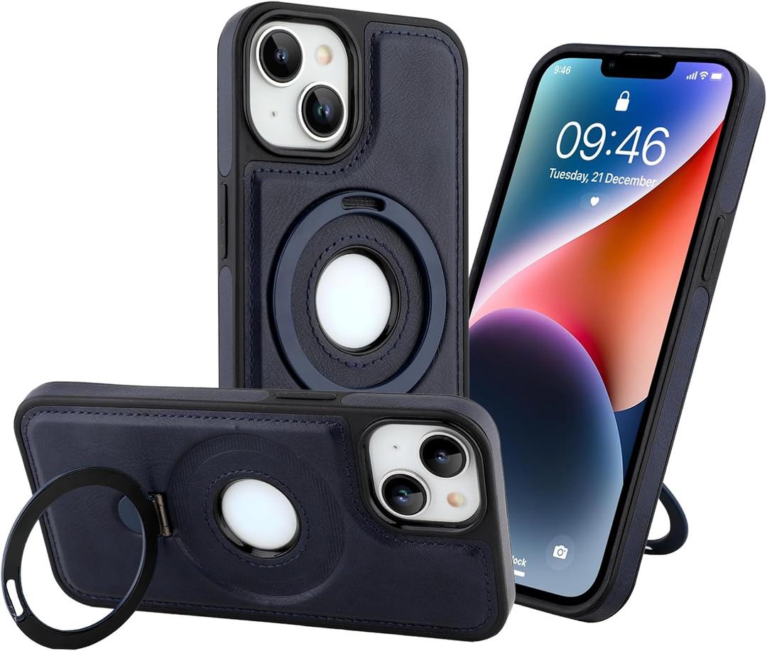 for iPhone 14 Case, PU Leather Case with Built-in Kickstand Shockproof Protection Luxury Phone Cover for Men Women, Dark Blue