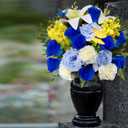Artificial Cemetery Flowers with Vase for Grave Decoration - Headstones Memorial Flowers Bouquet- Blue Rose White Lily Carnation Yellow Hyacinth