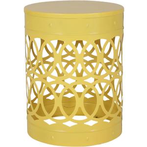 Benjara Kemo Outdoor End Table, Round 14 Inch, Cutout Design, Yellow Frame