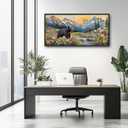 Extra Large Framed Abstract Black Bear Mountain Wall Art,Colorful Wildflower Forest Landscape Wall Decor Pictures for Living Room,Canvas Print Painting Modern Artwork Bedroom Office Bathroom 60L x30W