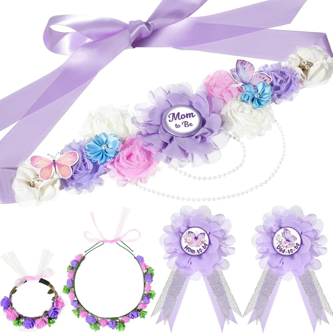 Riceshoot Butterfly Theme Maternity Flower Sash and Corsage Set Pink Purple Baby Shower Decorations Mom to Be Dad to Be Pin with Headband Wristband for Baby Shower Gender Reveal Party Gifts