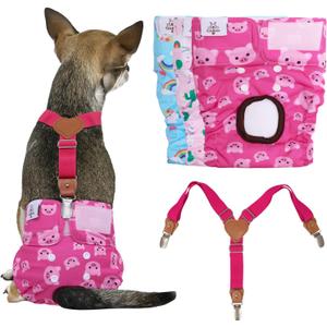 CuteBone Dog Diapers Female 3 Pack Reusable Doggy Diapers with One Suspender for Small Medium Large Dog Period BDD05S, 3 unicorn&pig&sheep diapers + 1 suspender, S