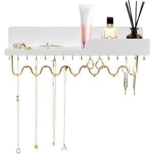 29 Hooks Wall Mount Necklace Holder Organizer, White Decorative Wood Jewelry Shelf with Gold Metal Wave Bar and Guardrail for Necklace, Pendant, Chain, Bracelet, White