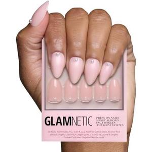 Glamnetic Press On Nails - Wifey | Short Almond Fake Nails, Nude with 3D Nail Art and Glossy Finish, Reusable Wedding Nails | 15 Sizes - 30 Nail Kit with Glue