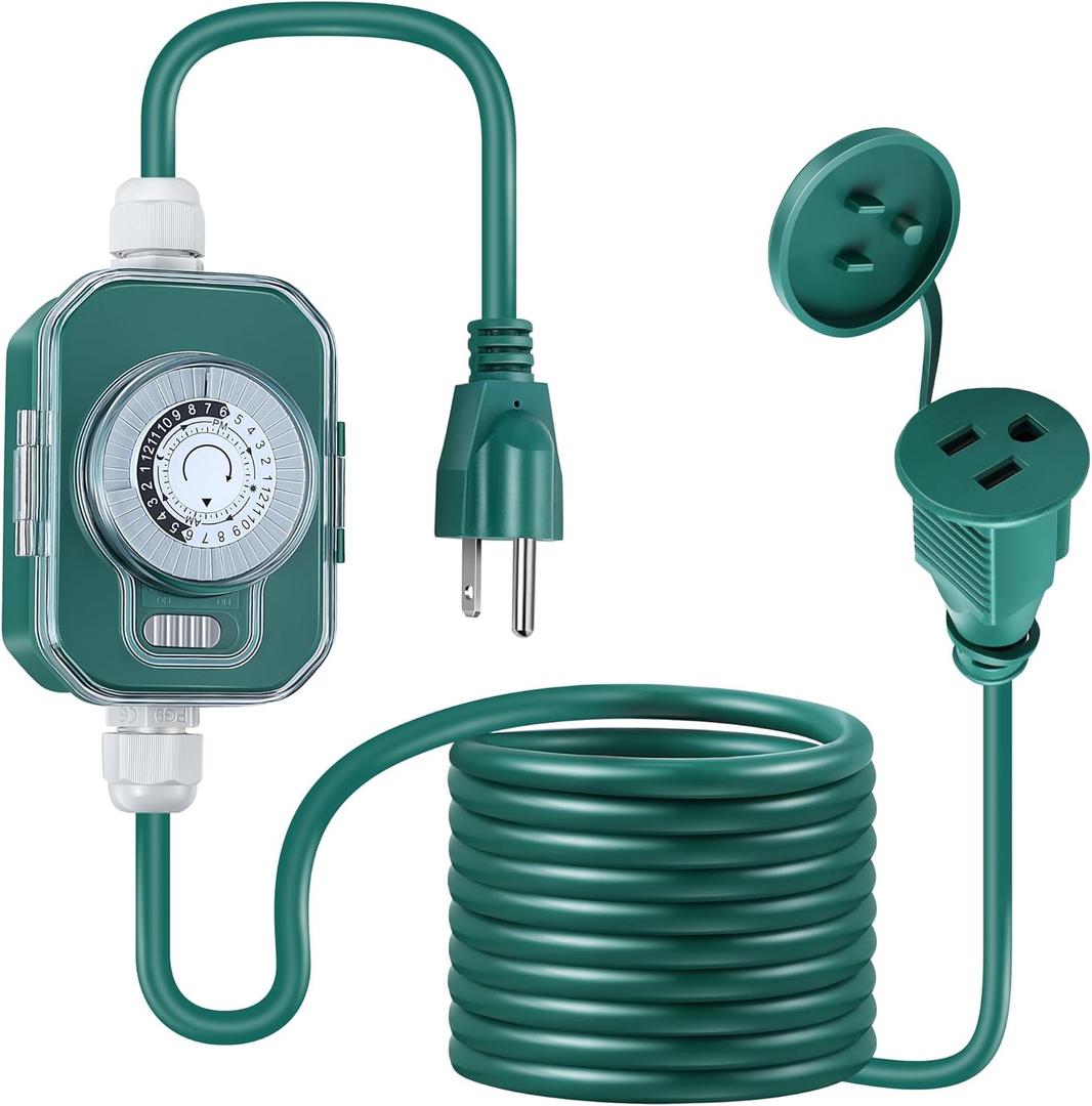 Feekoon 20 FT Outdoor Extension Cord with Timer, Halloween Christmas Green Extension Cord, 16AWG SJTW Cable with Weatherproof Covers for Christmas Lights Holiday Landscaping Decorations