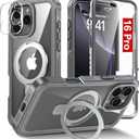 Oterkin Magnetic for iPhone 16 Pro Case Compatible with MagSafe [Foldable Stand][HD Camera Lens Protector][Built-in Touch Sensitive Glass Screen Protector] 15FT Military Full Body Rugged Case, (Gray)