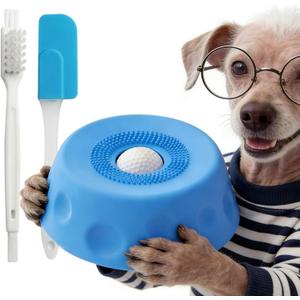 Slow Feeder Dog Bowl with Rolling Ball, Interactive Lick Bowl, Non-Slip, Spatula & Cleaning Brush Set, Anxiety Relief Toy (Blue)