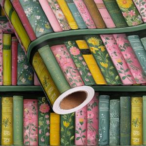 UNTROCHU Bookshelf Floral Wrapping Paper Roll - Pink Flowers Various Book Design Elegant Gift Wrap for Birthday Party Total 28.5 sq.ft