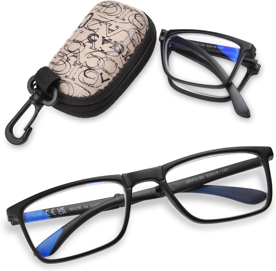 OPTOFENDY Folding Reading Glasses for Women Men, Small Spring Hinge Readers, Portable Blue Light Glasses with Zipper Case (Black)