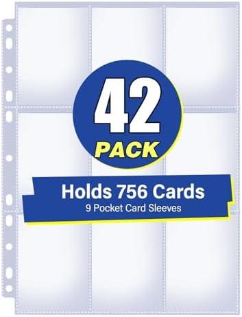42 Pack 9 Pocket Double Side Card Sleeves Binder Sheets, Holds 756 Cards, Trading Card Binder Sleeves for 3 Ring Binder, Card Sleeve Pages for Baseball, Football, Business, TCG, Kpop Cards