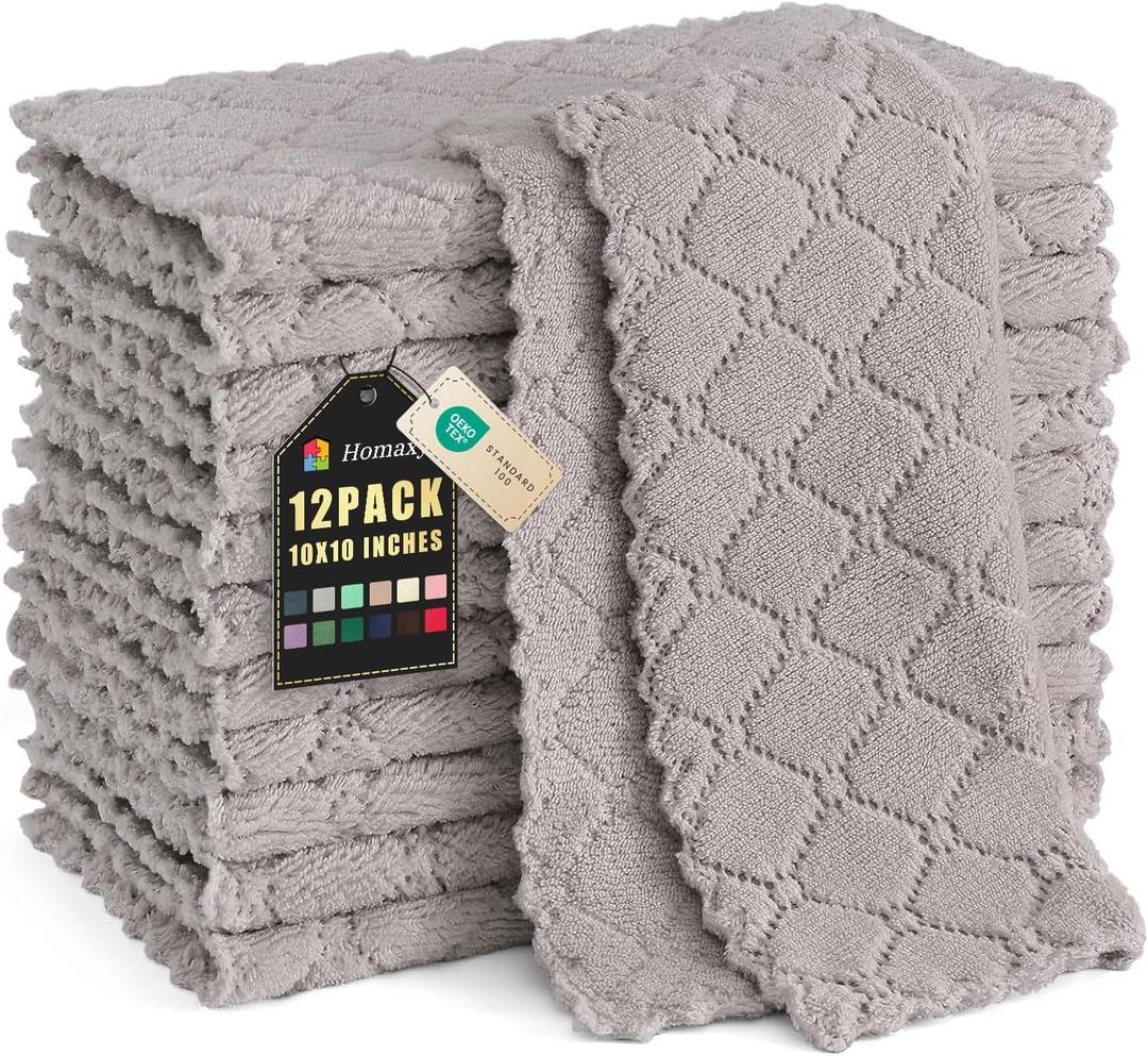 Homaxy 12 Pack Kitchen Dish Cloths (10 x 10 Inches, Grey), Super Soft and Absorbent Coral Velvet Dish Towels, Nonstick Oil Fast Drying Microfiber Cleaning Cloth, No Lint Household Dishcloths
