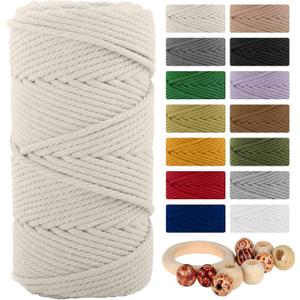Macrame Cotton Cord 5mmx109 Yard 4 Strand, Munzong Natural Handmade 4 Twisted Cotton Rope for Wall Hanging Weaving Tapestry DIY Craft Knitting Plant Hanger Gift Wrapping Wedding Decor(100m, White)