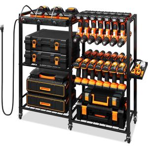 TC-HOMENY Power Tool Organizer Cart with Charging Power Strip, 28 Drill Tool Garage large Storage Racks with Wheels, Heavy Duty Tools Organizer Station, Festive Gifts for Men Dads