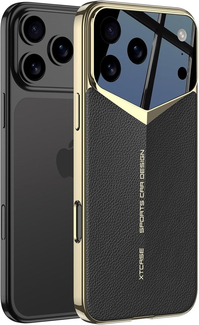 for iPhone 17 Pro Leather Case, Luxury Sports Car Styling Design, Vegan PU Leather with Hard PC Slim Gold-Plated Frame Shockproof Anti-Scratch Protective Cover for iPhone 17 Pro (Black)