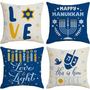Hanukkah Throw Pillow Covers 18x18 inch Set of 4, Menorah Dreidel Star of David Decorative Pillow Cases for Couch Sofa
