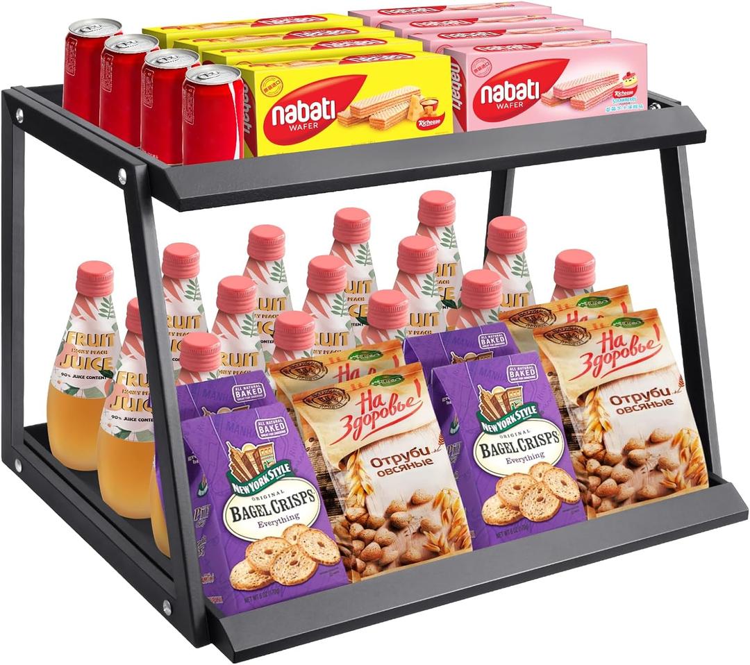 Candy Display Rack, Upgraded Metal Snack Display for Counter, 2 Tier Snack Organizer for Countertop, Chip Bag Holder Stand, Retail Display Shelf for Store Concession, Kitchen (Black)