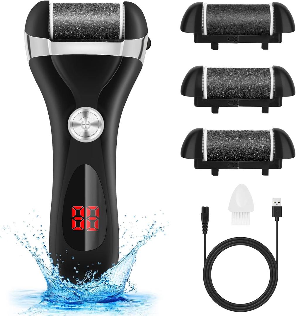 Electric Foot Callus Remover Kit, Elmchee Rechargeable Pedicure Tools Foot Care Feet File with 3 Roller Heads,2 Speed,Battery Display for Remove Cracked Heels Calluses and Dead Skin(Black) (1 Count (Pack of 1))