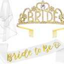 JETKONG 3 Pcs Bachelorette Party Decorations BRIDE Crown, Bride to Be Sash&Veil for Women Bachelorette Party Gifts, Bridal Shower Supplies, Gifts, Favors (Gold)