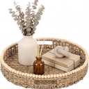 Round Wicker Tray 16'' Large Seagrass Tray Decor with Wooden Beads and Handles, Woven Dining Room Decor for Kitchen Counter, Living Room, Bedroom (Seagrass)