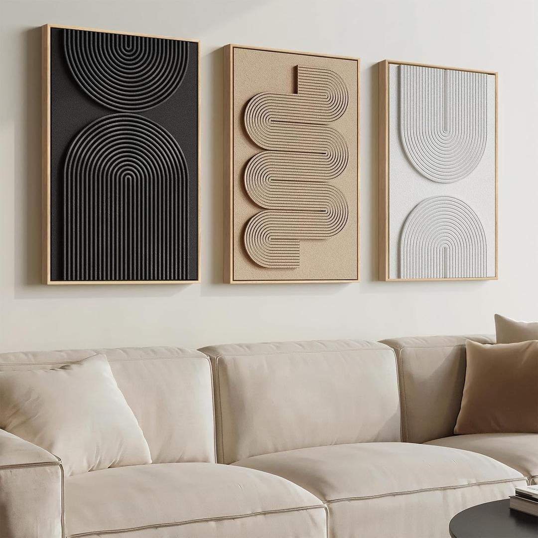 3D Textured Framed Boho Neutral Abstract Wall Art, 3 Piece Modern Artwork for Walls, Black White Brown Minimalist Geometric Paintings for Living Room, Dining Room, Bedroom Wall Decor 16x24 In (Monochrome)