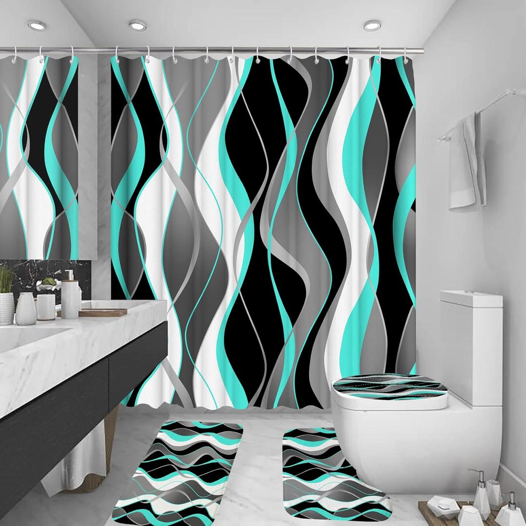 4Pcs Turquoise Shower Curtain Sets with Non-Slip Rugs, Toilet Lid Cover and Bath Mat, Black and Gray Bathroom Decor Set Accessories Fabric Waterproof Shower Curtains with 12 Hooks, 72 x 72 Inch