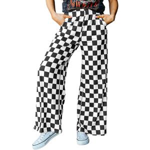 Acelitt Womens Casual Checkered Pants Elastic Waist Comfy Loose Wide Leg Pants with Pockets (Small, Black and White)