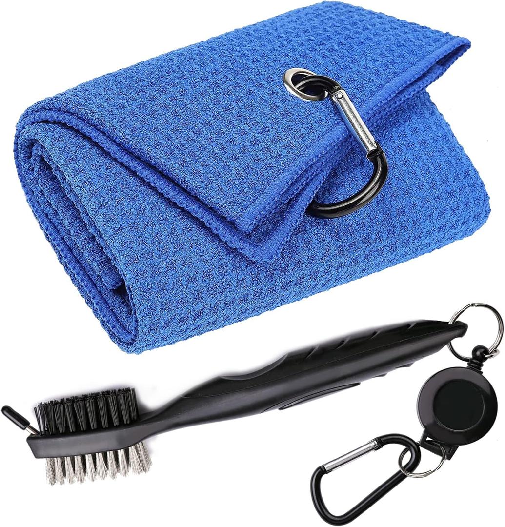 Golf Towels, Microfiber Waffle Pattern Tri-fold Golf Towel - Brush Tool Kit with Club Groove Cleaner, with Clip Men Women Golf Gifts (Blue Towel+Black Brush)