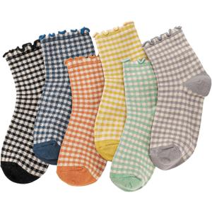 6 Pairs Women Ruffle Socks Striped Frilly Socks, Women Cute Socks Checkered Socks Ankle Socks for Women Cotton Knit Casual Crew Socks Size 5-9, Medium