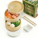 Prime Home Direct Bamboo Steamer Basket 10Inch | 2Tier Steamer for Cooking | 50 Liners, Chopsticks, Sauce Dish | Steaming Asian Food, Bao Buns, Chinese, Dim Sum, Dumpling, Rice, Vegetable Steam Pot