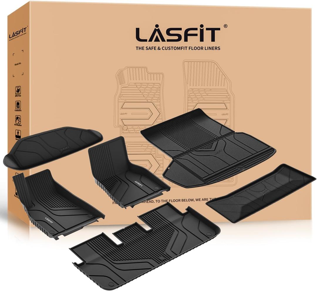 LASFIT Floor Mats & Trunk Mats for Tesla Model S 2021-2025 2026 (Include Plaid Model), All Weather TPE Custom Fit 1-3 Rows & Cargo Liners Full Set Car Mats Accessories, Black