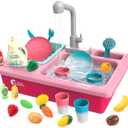 CUTE STONE Color Changing Play Kitchen Sink Toys, Children Electric Dishwasher Playing Toy with Running Water,Upgraded Real Faucet and Play Dishes,Pretend Role Play Toys for Kids Boys Girls (Pink)