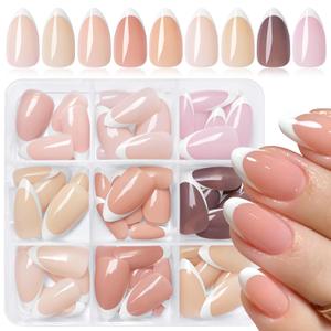 French Tip Press on Nails Almond Acrylic Nails Press ons French Gel Nails Tips Glossy Acrylic Press on Nails Medium Multicoloured Fake Nails Full Cover False Nails