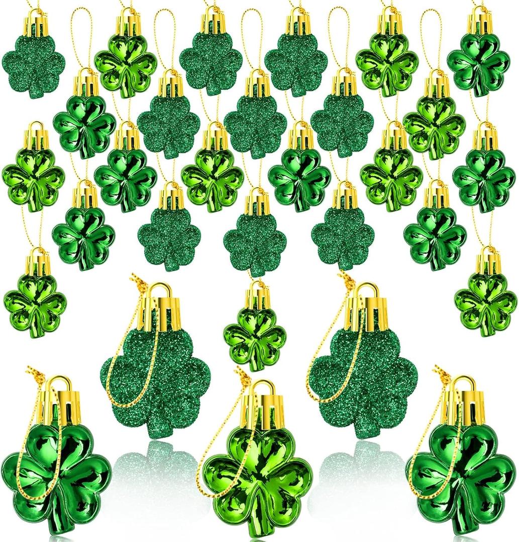 St Patrick's Day Shamrocks Ornament Set, 48Pcs Good Luck Clover Decorative Hanging Ornaments Green Trefoil Hanging Bauble for Tree Table Shelf Home Decor Irish Decor