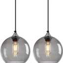 Light Grey Glass Pendant Lights Kitchen Island Lighting Globe Pendant Light Fixtures Modern Pendant Lighting for Bedroom Living Dining Room Light Fixture (7.87 in, 2 Pack)