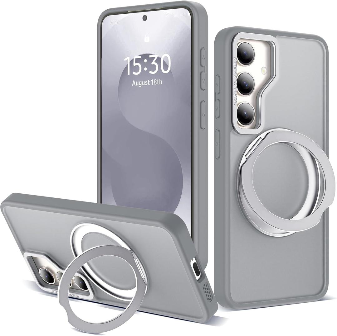 for Samsung Galaxy S25 Plus Case with 360Rotatable Magnetic Ring Stand Compatible with Mag-Safe Military Protection Shockproof Matte Translucent Phone Cases for Galaxy S25+,Gray