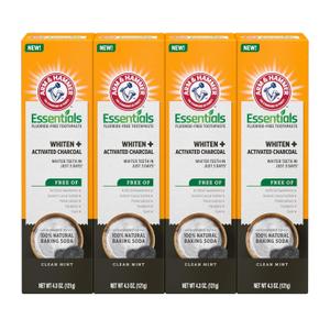 ARM & HAMMER Essentials Fluoride-Free Toothpaste Whiten + Activated Charcoal-4 Pack of 4.3oz Tubes, Clean Mint- 100% Natural Baking Soda