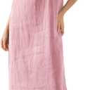 Womens 100% Linen Sleeveless V Neck Midi Summer Dresses with Pockets (Medium, Pink)