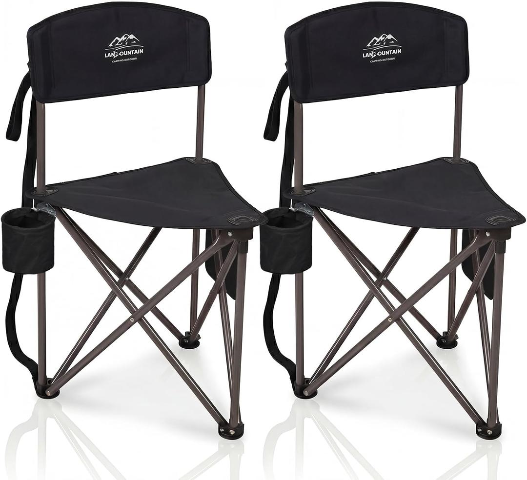 2 Pack Folding Camping Tripod Stool with Backrest & Cup Holder, Lightweight Portable Outdoor Chairs for Adults, Compact 3-Leg Seat for Fishing, Hunting, Hiking & Travel w/Bag - Black, Medium