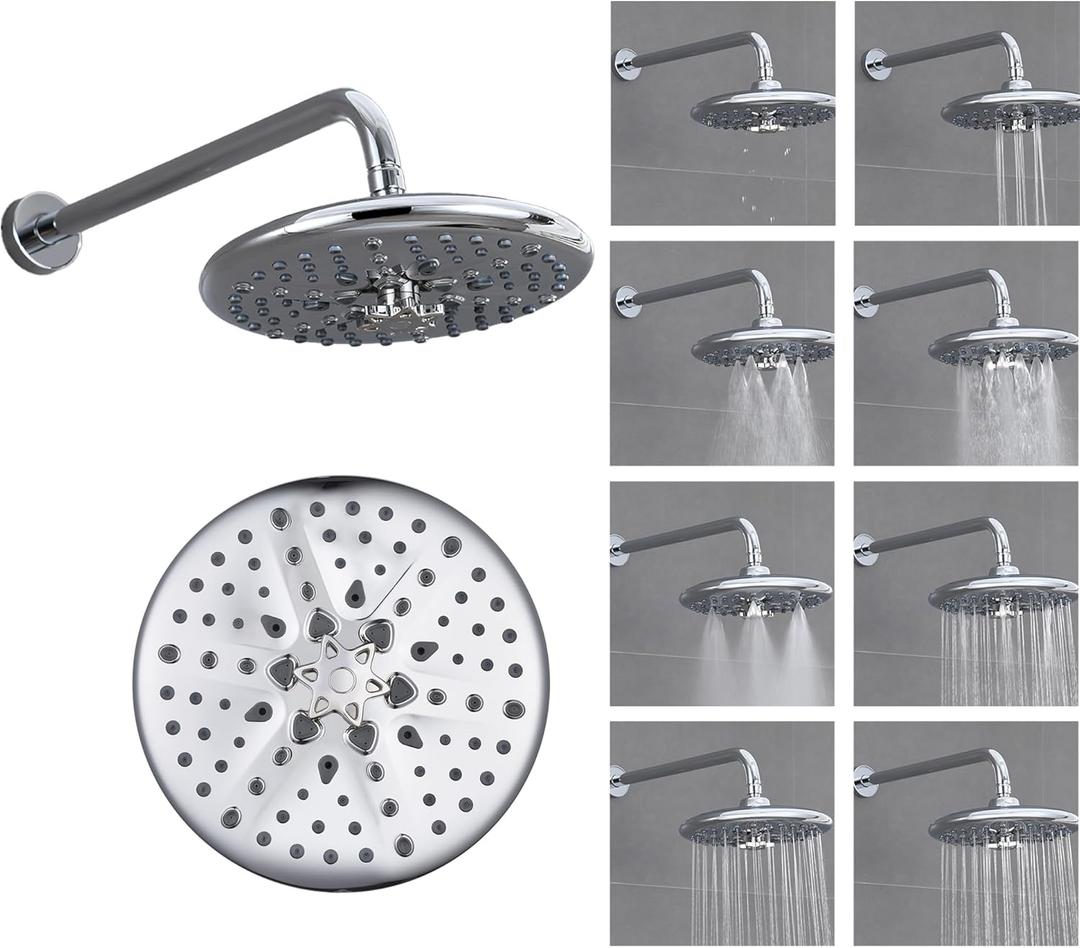KINSE 10inchs Pressure Boosting Rain Showerhead,High Flow Rainfall Shower Head, 8- showerwater output modes, 360Adjustable showerheads, Anti-corrosion and durabl (ABS, Chrome)