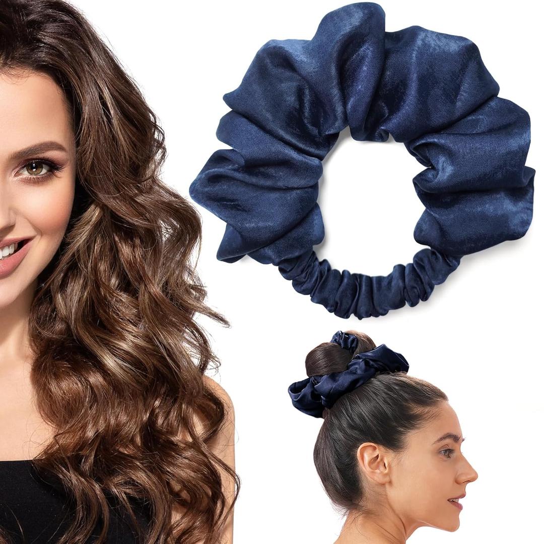 Heatless Curling Scrunchie, Heatless Hair Curler to Sleep In, No Heat Curls for Long Hair, Soft Sleep Hair Roller (Navy blue)