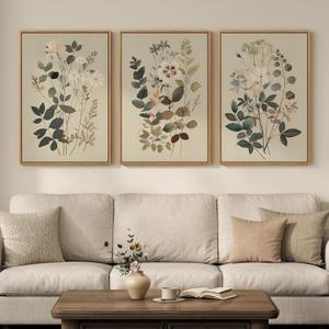 Framed Vintage Botanical Wall Art for Living Room, 3 Piece Neutral Floral Canvas Artwork for Modern Farmhouse Walls, Rustic Green Flower Painting Prints for Bedroom Office Kitchen Wall Decor, 20x30, 20" W x 30" H x 3Pcs