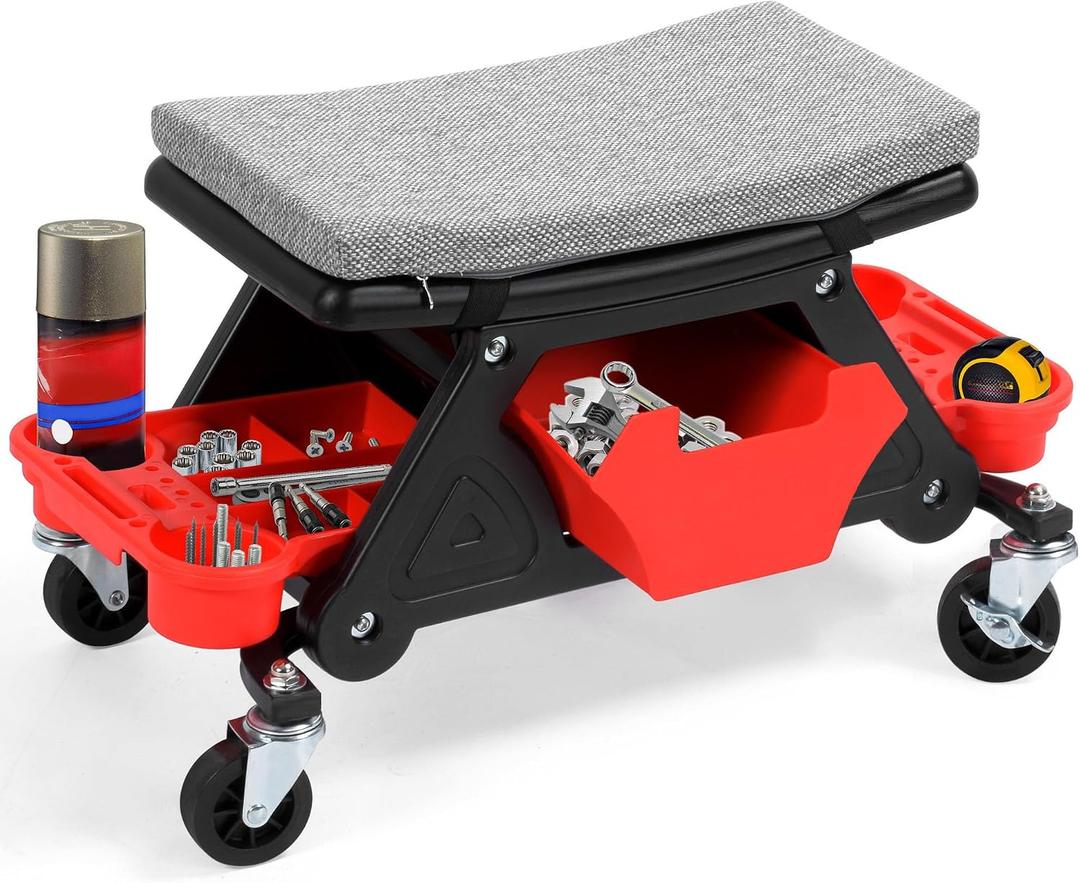 YITAHOME Mechanic Stool 330 LBS with Wheels, Heavy Duty Rolling Mechanics Seat, Rolling Tool Seat for Automotive Auto Repair, w/Fabric-Covered Sponge, Black Red