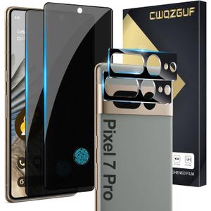 [2+2 Pack] Privacy Screen Protector Compatible with Pixel 7 Pro 5G, 2 Tempered Glass with 2 Camera Lens Protectors, High Clarity, Bubble Free, Anti-Spy Protection