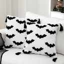 Set of 2 Halloween Pillow Covers 18 x 18 Inch Black Bat Embroidered Throw Pillow Case Fluffy Plush Cushion Cover Neutral Halloween Decorations for Home Indoor Sofa Couch Bedroom Living Room